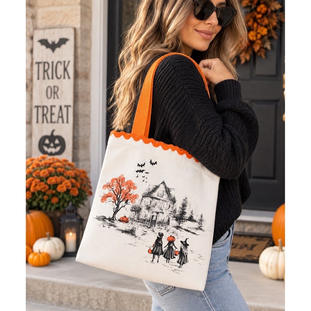 Nicole Miller Home Halloween Haunted House Canvas Trick or Treat Tote Bag NWT
